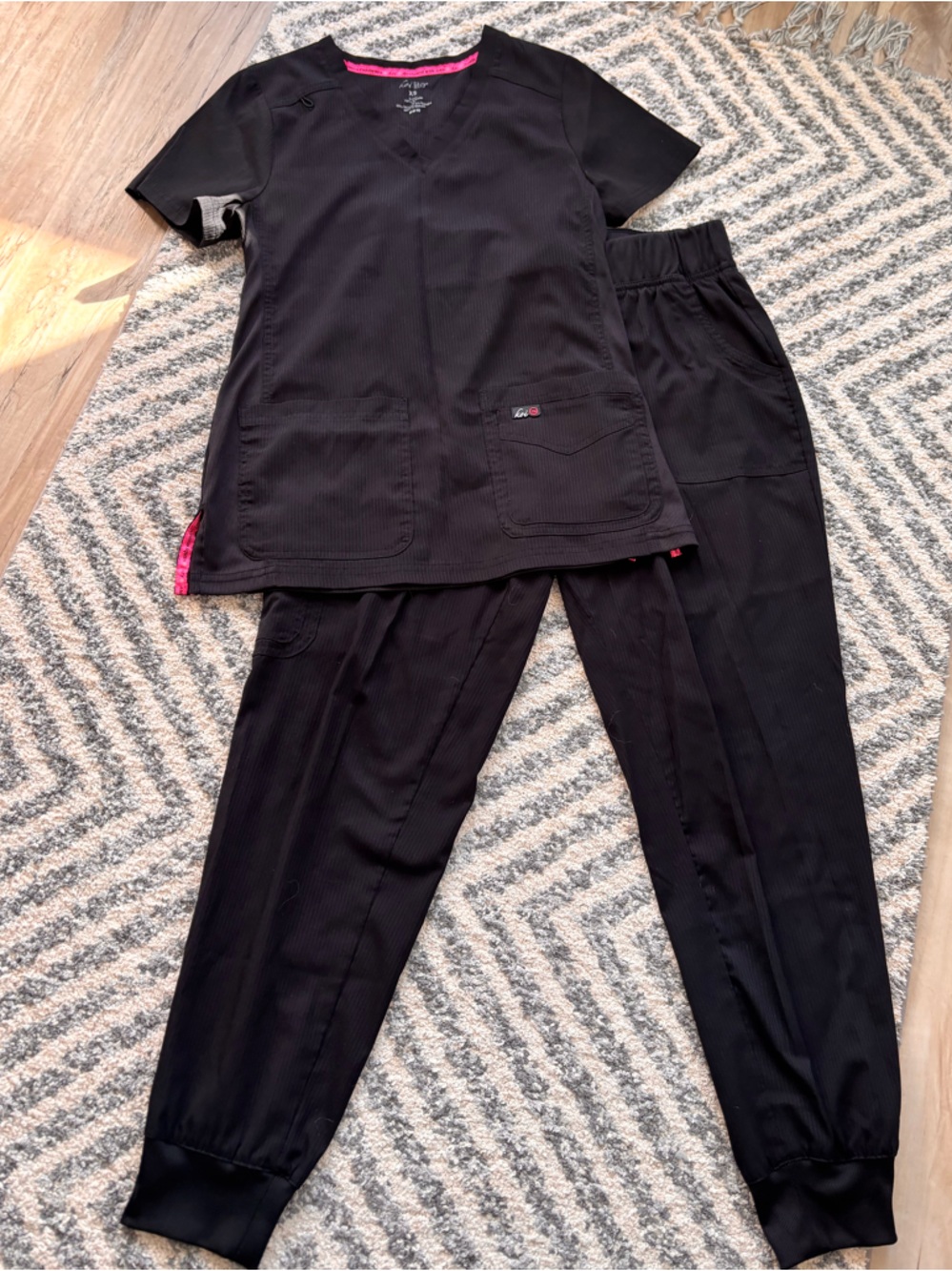 Koi Lite Black Scrub Set with Pink Trim, Jogger Pants